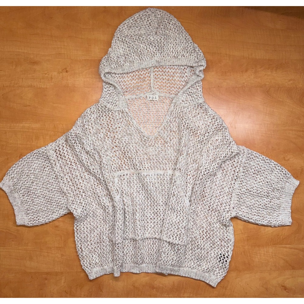 POL Womens Open Knit Hoodie Sweater Cream Marl Crochet Boho Pullover S